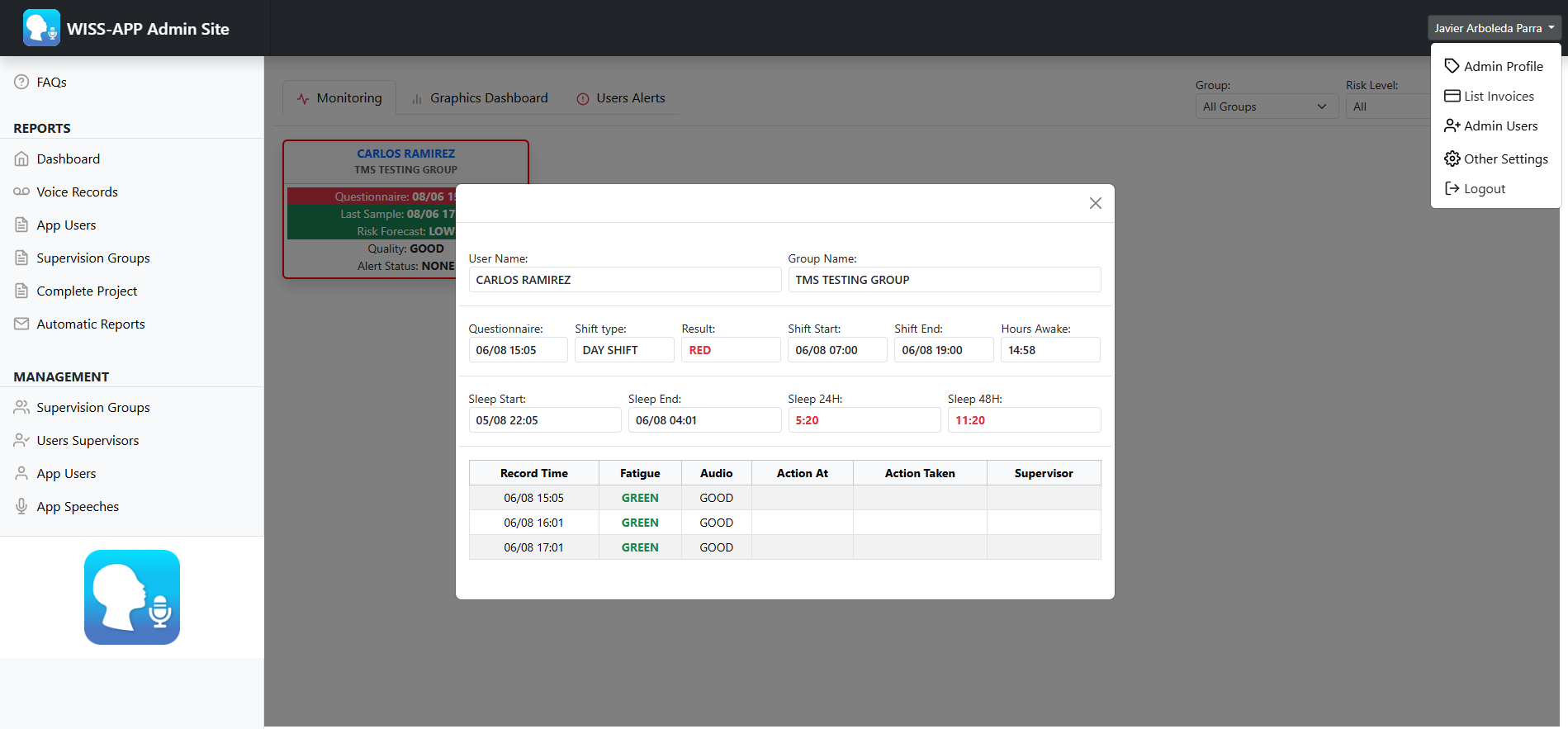 WISS real-time workforce fatigue risk dashboard